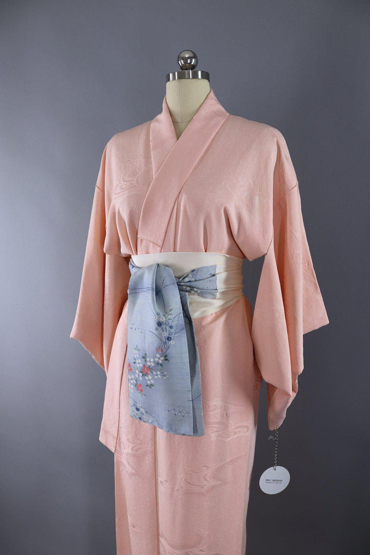 Vintage Silk Kimono Robe / Blush Pink Waves - ThisBlueBird