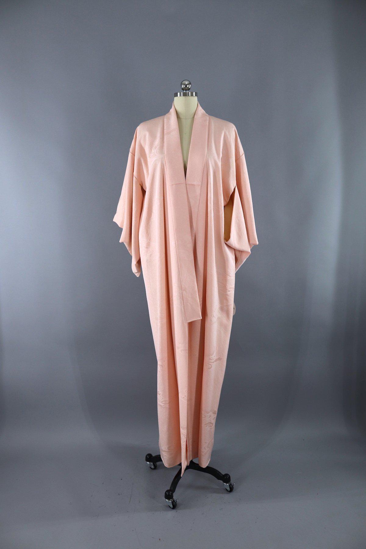 Vintage Silk Kimono Robe / Blush Pink Waves - ThisBlueBird