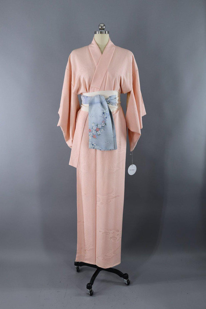 Vintage Silk Kimono Robe / Blush Pink Waves - ThisBlueBird