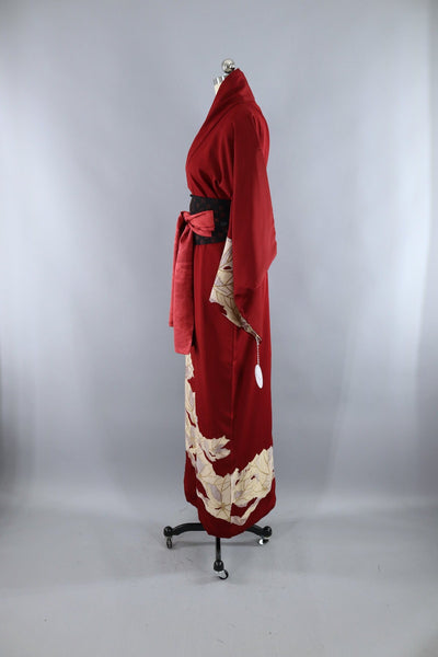 Vintage Silk Kimono Robe / Brick Red & Gold Urushi Leaves - ThisBlueBird