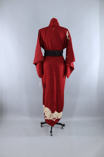 Vintage Silk Kimono Robe / Brick Red & Gold Urushi Leaves - ThisBlueBird