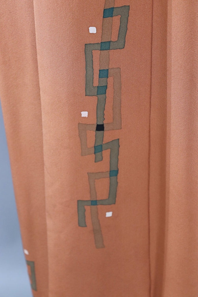 Vintage Silk Kimono Robe / Brown and Green Geometric Print-ThisBlueBird - Modern Vintage