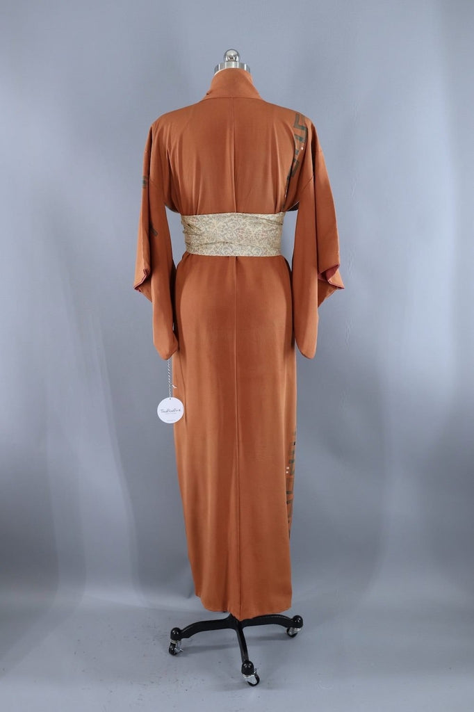 Vintage Silk Kimono Robe / Brown and Green Geometric Print-ThisBlueBird - Modern Vintage
