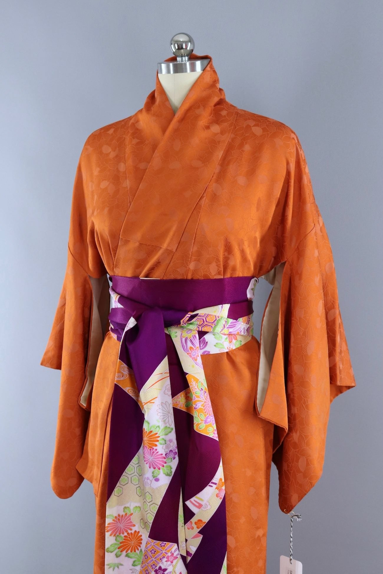 Vintage Silk Kimono Robe / Burnt Orange Leaves - ThisBlueBird