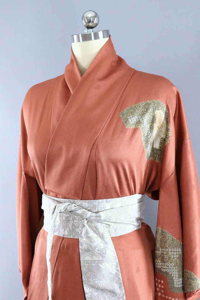 Vintage Silk Kimono Robe Copper & Green Shibori-ThisBlueBird - Modern Vintage