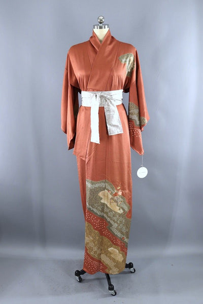 Vintage Silk Kimono Robe Copper & Green Shibori-ThisBlueBird - Modern Vintage