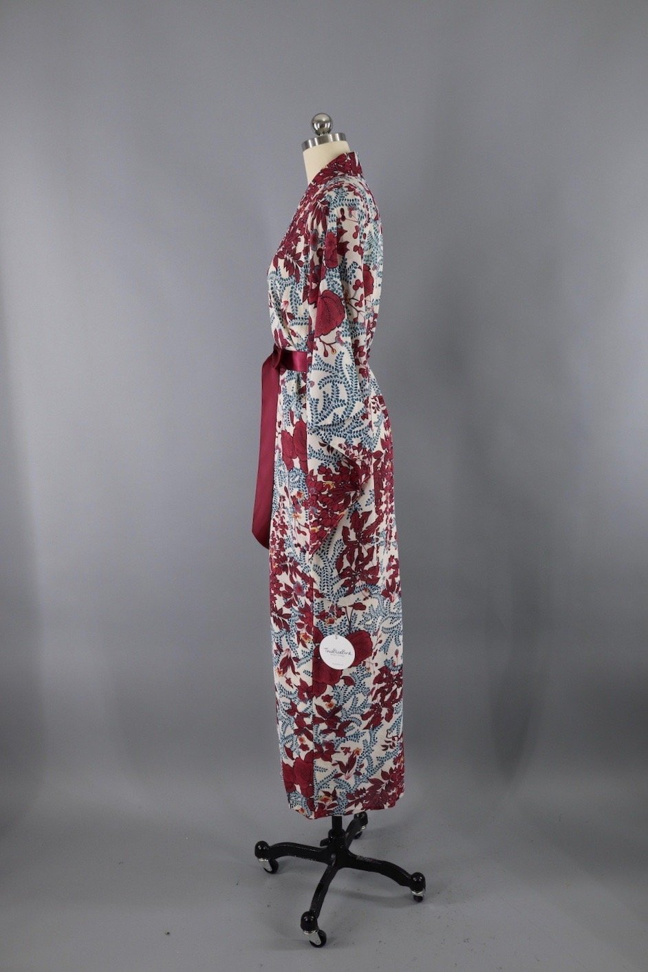Vintage Silk Kimono Robe - Cranberry Red Floral Print - ThisBlueBird