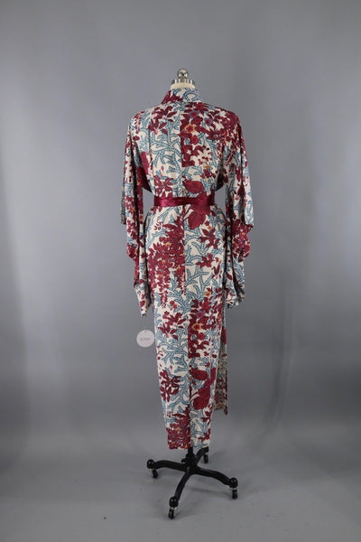 Vintage Silk Kimono Robe - Cranberry Red Floral Print - ThisBlueBird