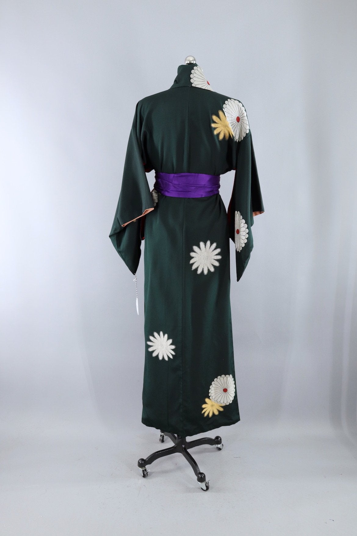 Vintage Silk Kimono Robe / Dark Green with Gold and Silver Flowers - ThisBlueBird