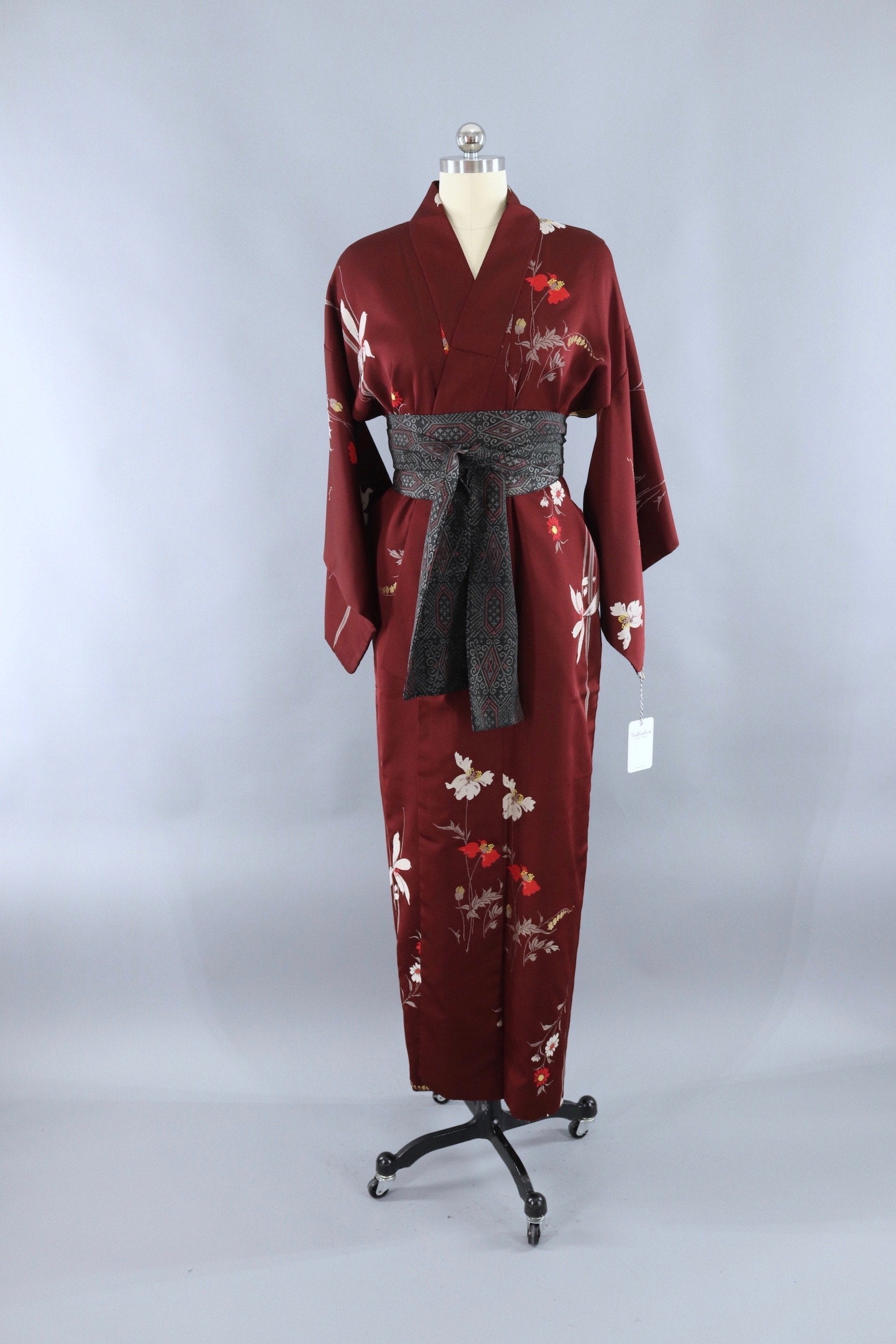 Vintage Silk Kimono Robe - Dark Maroon Brown Floral – ThisBlueBird