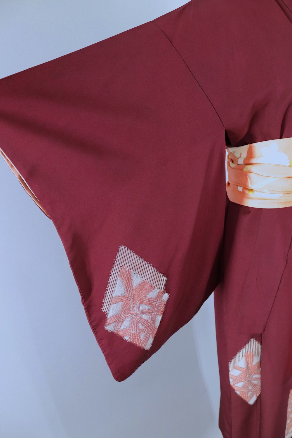 Vintage Silk Kimono Robe / Dark Red with Pink and Silver Ururshi Embroidery - ThisBlueBird