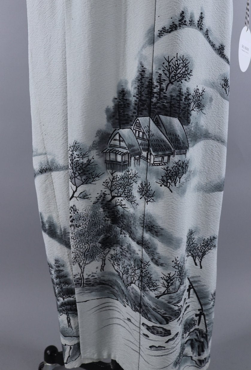 Vintage Silk Kimono Robe - Dove Grey Trees Print - ThisBlueBird