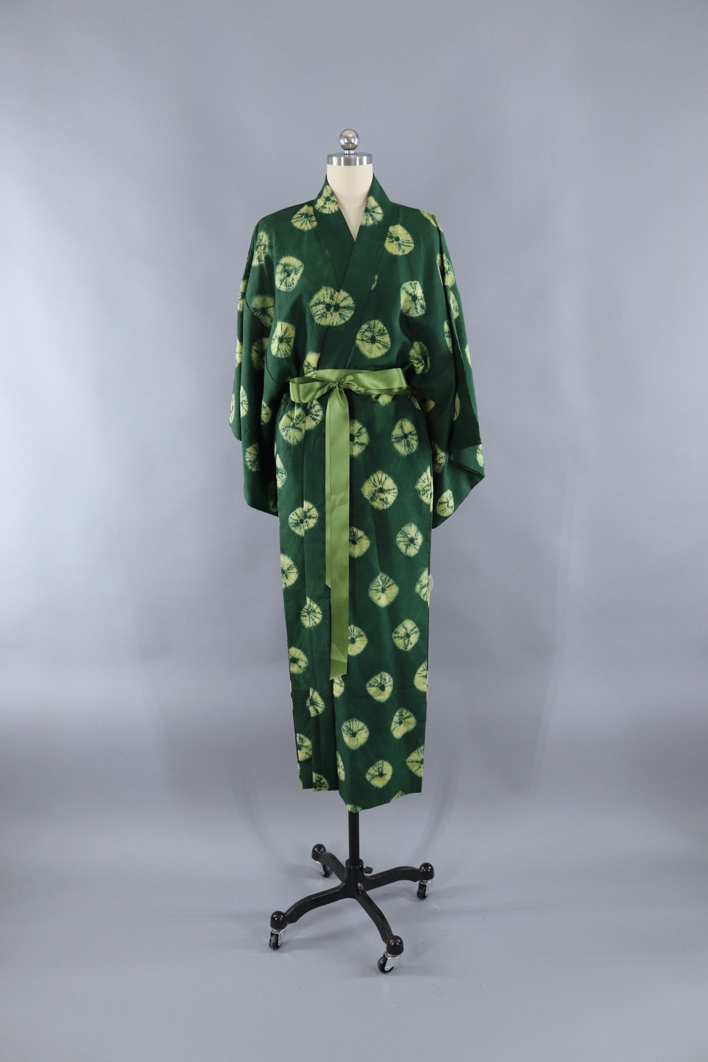 Vintage Silk Kimono Robe - Forest Green Shibori - ThisBlueBird