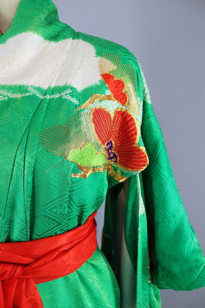 Vintage Silk Kimono Robe Furisode / Kelly Green with Gold and Red Embroidery - ThisBlueBird