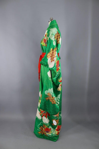 Vintage Silk Kimono Robe Furisode / Kelly Green with Gold and Red Embroidery - ThisBlueBird