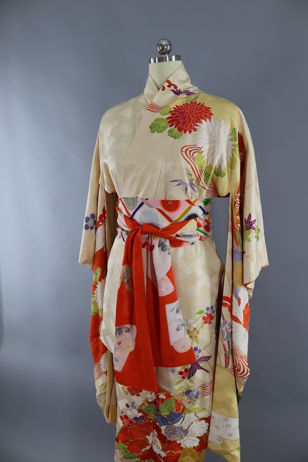Vintage Silk Kimono Robe - Gold and Orange Floral - ThisBlueBird