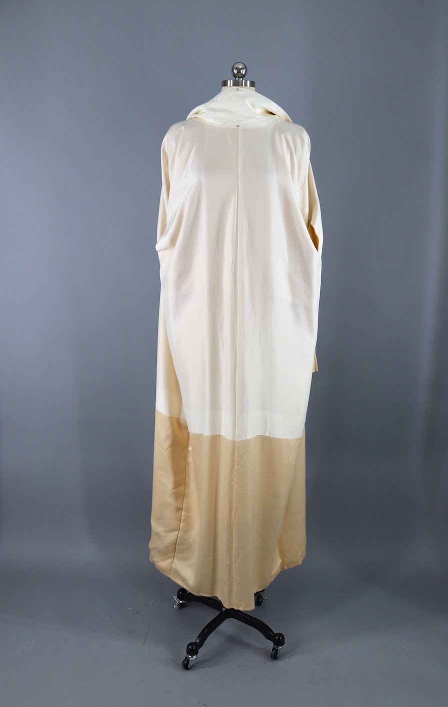 Vintage Silk Kimono Robe / Gold Mimosa and Crane Bird Print - ThisBlueBird