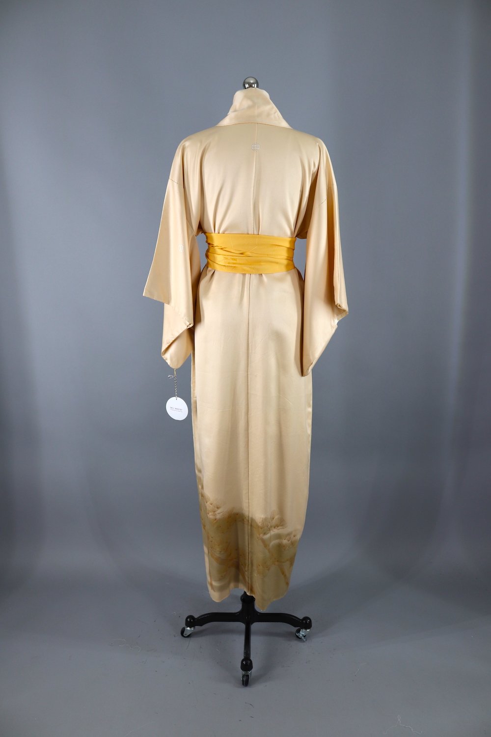 Vintage Silk Kimono Robe / Gold Mimosa and Crane Bird Print - ThisBlueBird