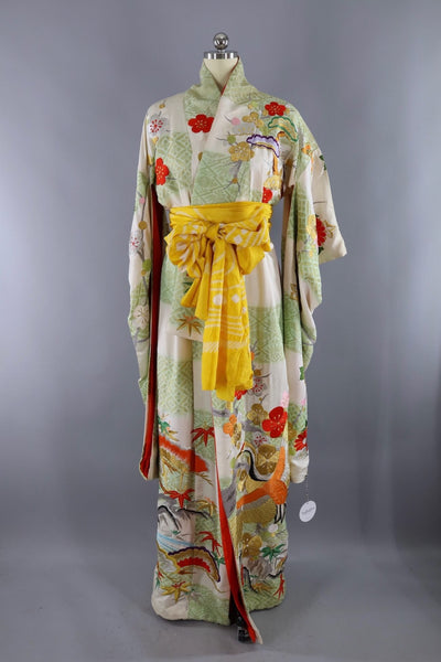 Vintage Silk Kimono Robe / Green and Gold Embroidered Kakeshita-ThisBlueBird - Modern Vintage