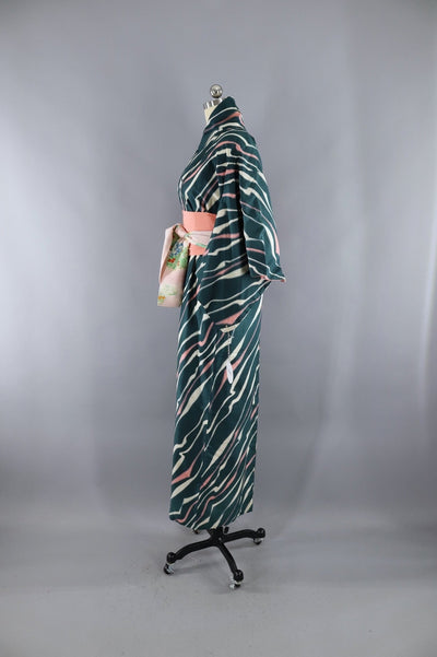 Vintage Silk Kimono Robe / Green and Pink Zebra Stripes - ThisBlueBird
