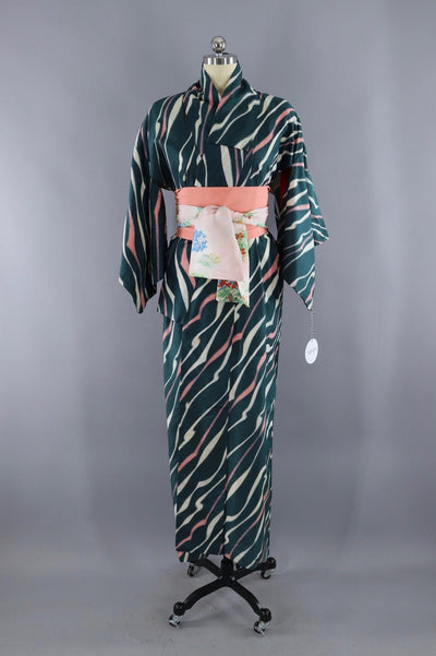Vintage Silk Kimono Robe / Green and Pink Zebra Stripes - ThisBlueBird