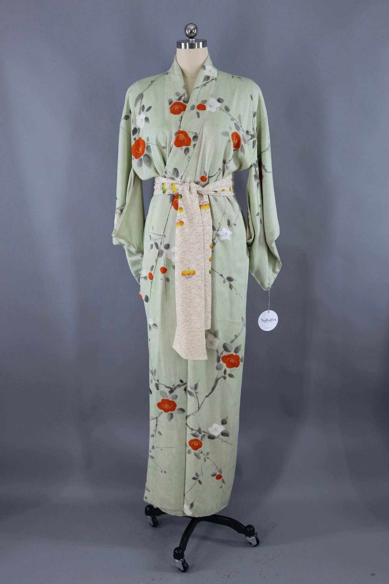 Vintage Silk Kimono Robe / Green Grey and Orange Floral - ThisBlueBird