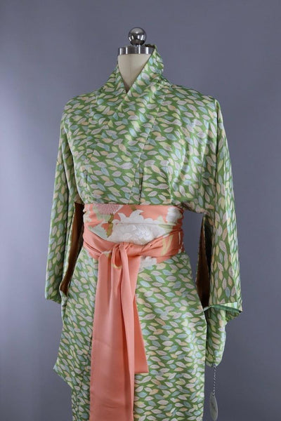 Vintage Silk Kimono Robe / Green Leaves Print - ThisBlueBird