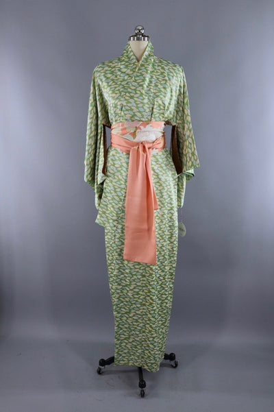 Vintage Silk Kimono Robe / Green Leaves Print - ThisBlueBird