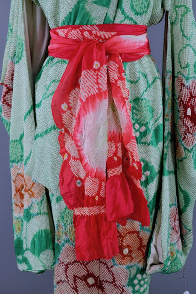 Vintage Silk Kimono Robe / Green Shibori Roses Floral-ThisBlueBird - Modern Vintage