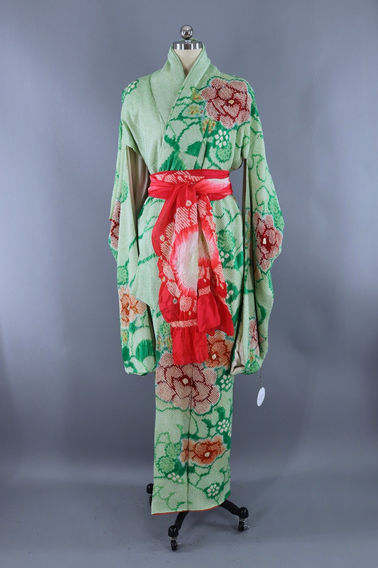Vintage Silk Kimono Robe / Green Shibori Roses Floral – ThisBlueBird