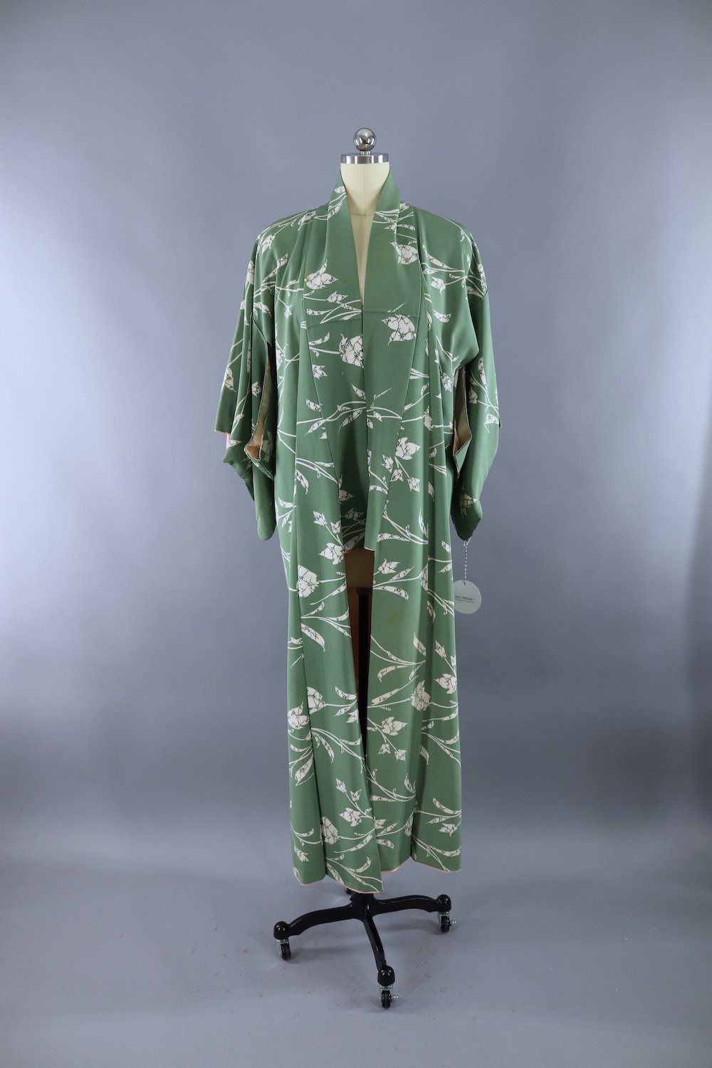Vintage Silk Kimono Robe / Green Tulips Floral Print - ThisBlueBird