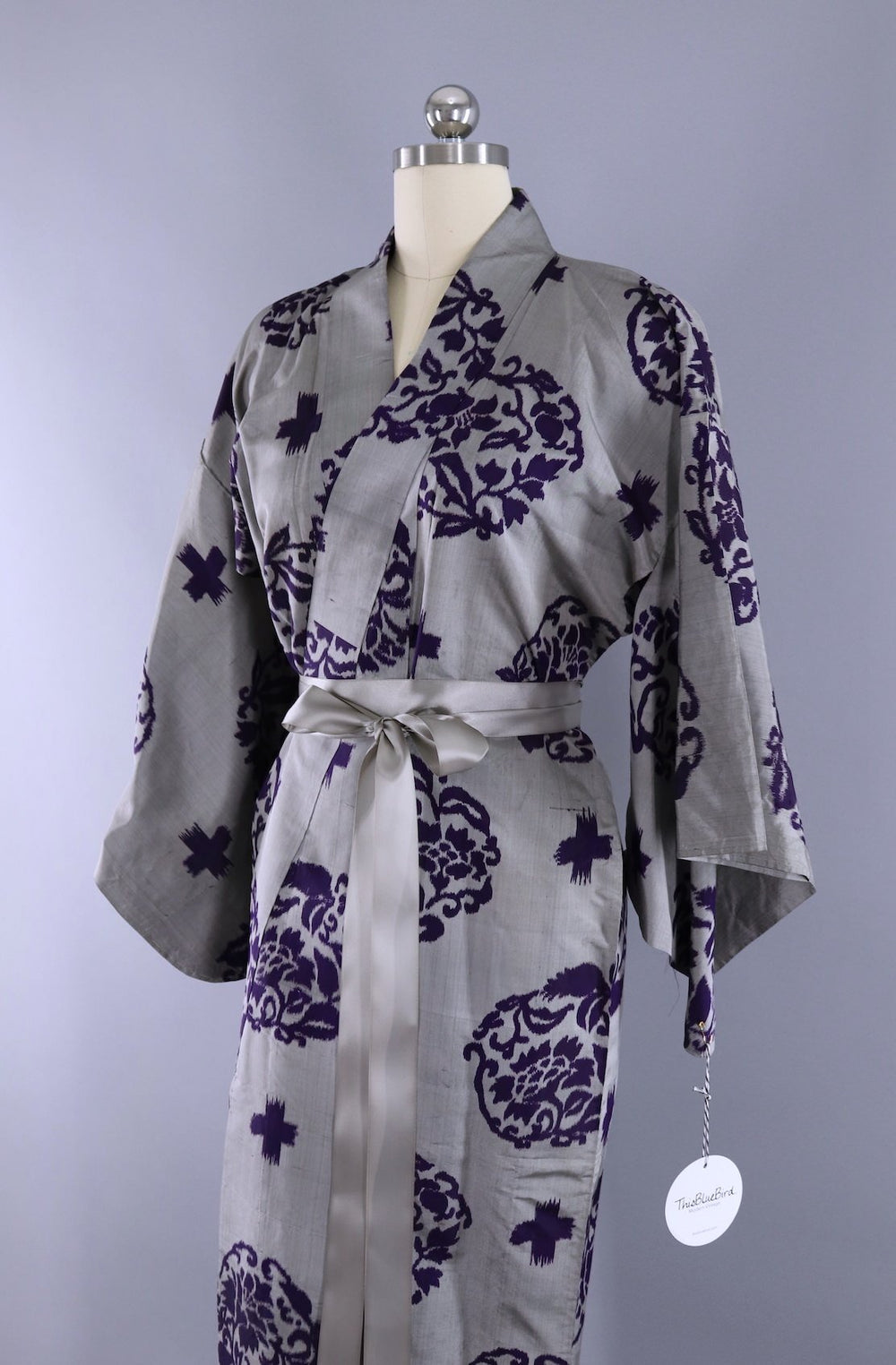Vintage Silk Kimono Robe / Grey and Purple Ikat - ThisBlueBird