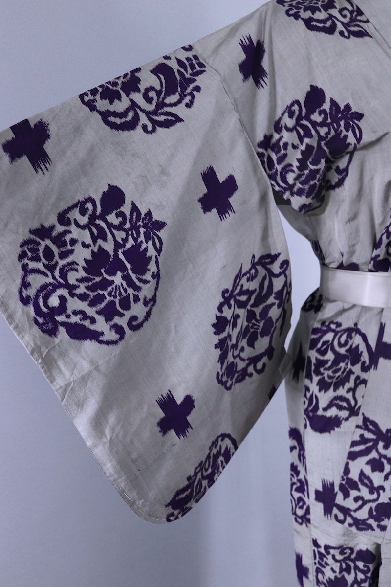 Vintage Silk Kimono Robe / Grey and Purple Ikat - ThisBlueBird