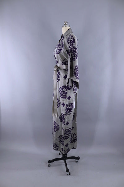 Vintage Silk Kimono Robe / Grey and Purple Ikat - ThisBlueBird