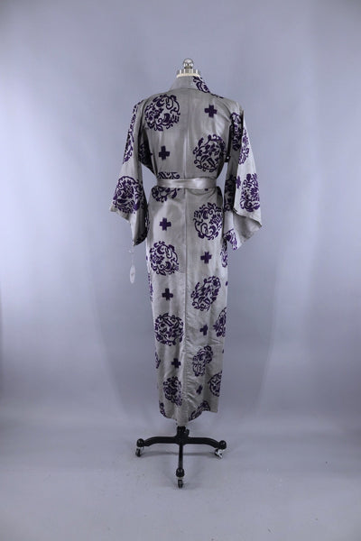 Vintage Silk Kimono Robe / Grey and Purple Ikat - ThisBlueBird