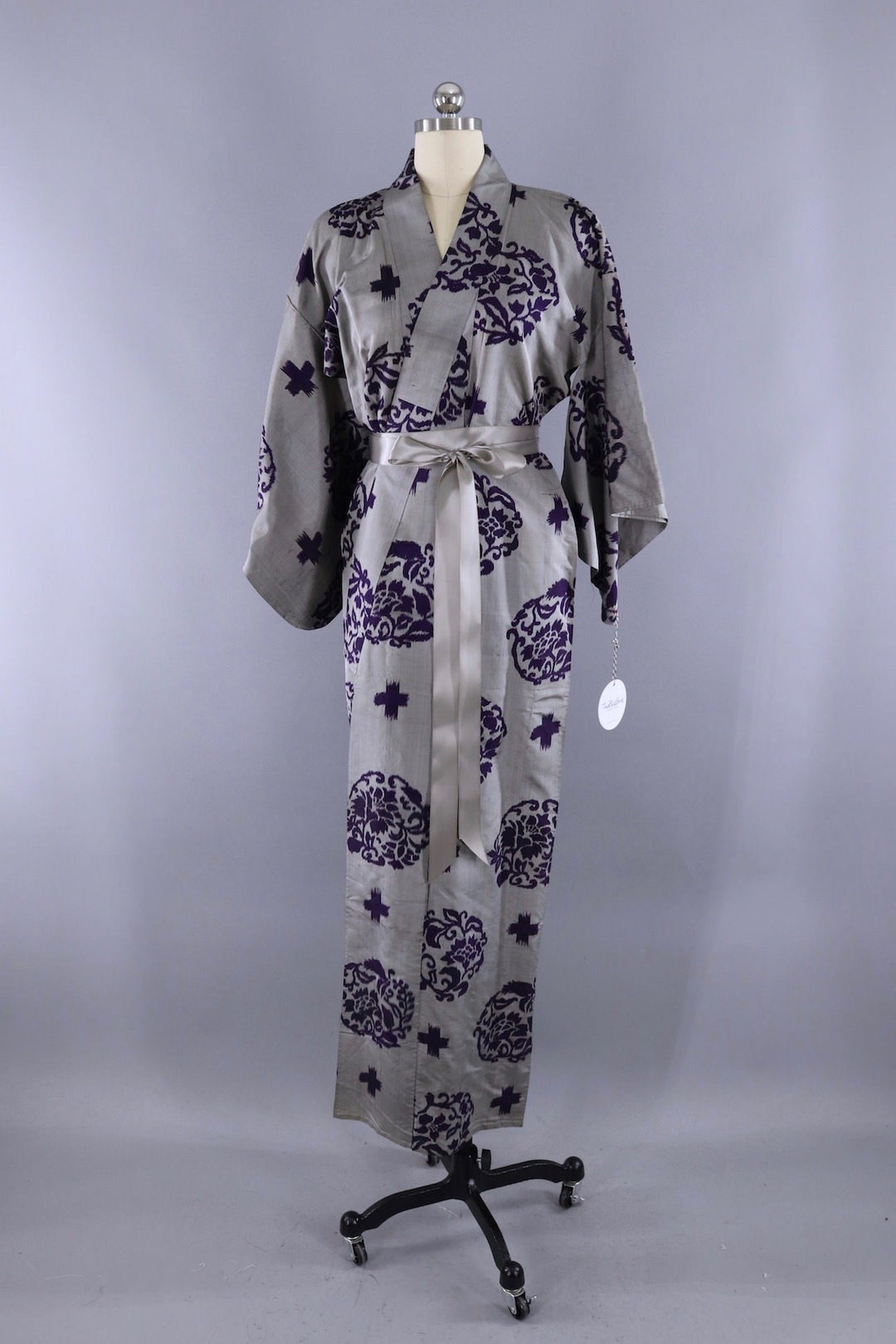 Vintage Silk Kimono Robe / Grey and Purple Ikat - ThisBlueBird