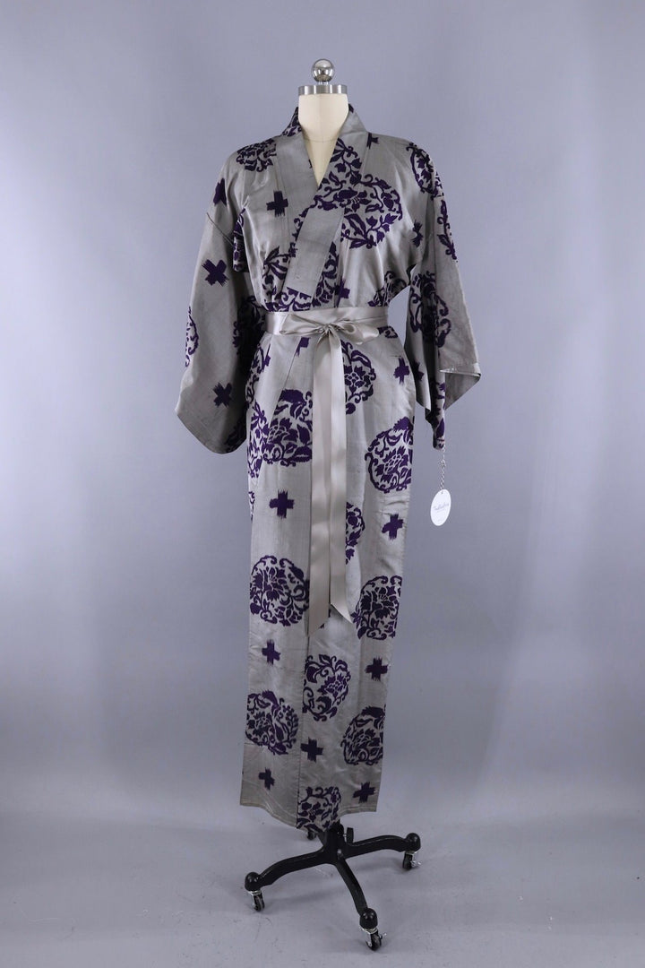 Vintage Silk Kimono Robe / Grey and Purple Ikat - ThisBlueBird