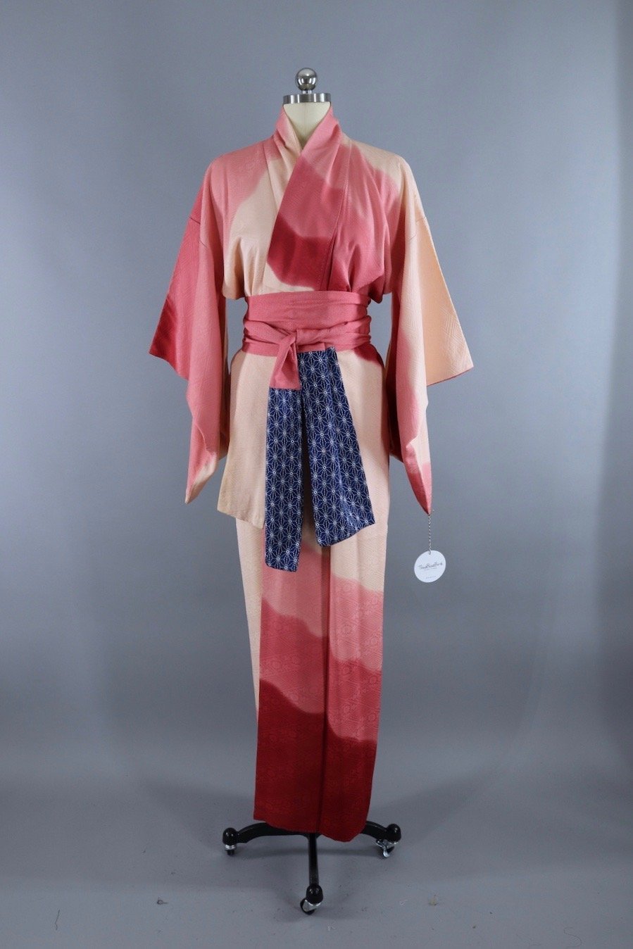 Vintage Silk Kimono Robe in Ivory and Pink Ombre - ThisBlueBird
