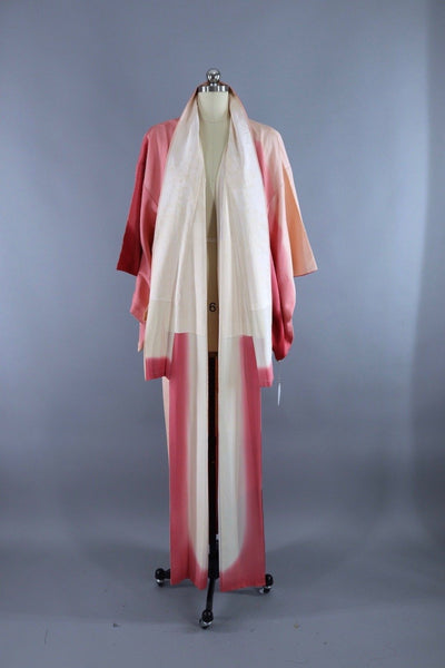 Vintage Silk Kimono Robe in Ivory and Pink Ombre - ThisBlueBird