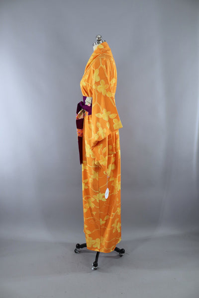 Vintage Silk Kimono Robe in Orange with Yellow Flowers - ThisBlueBird
