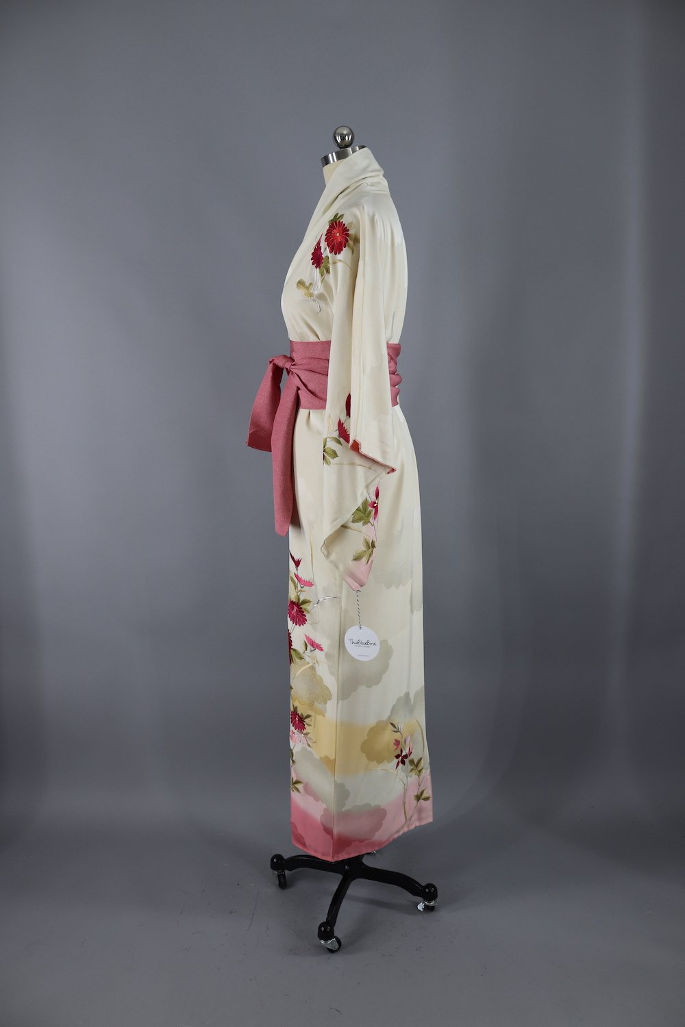 Vintage Silk Kimono Robe / Ivory and Bright Pink Embroidered Floral-ThisBlueBird - Modern Vintage