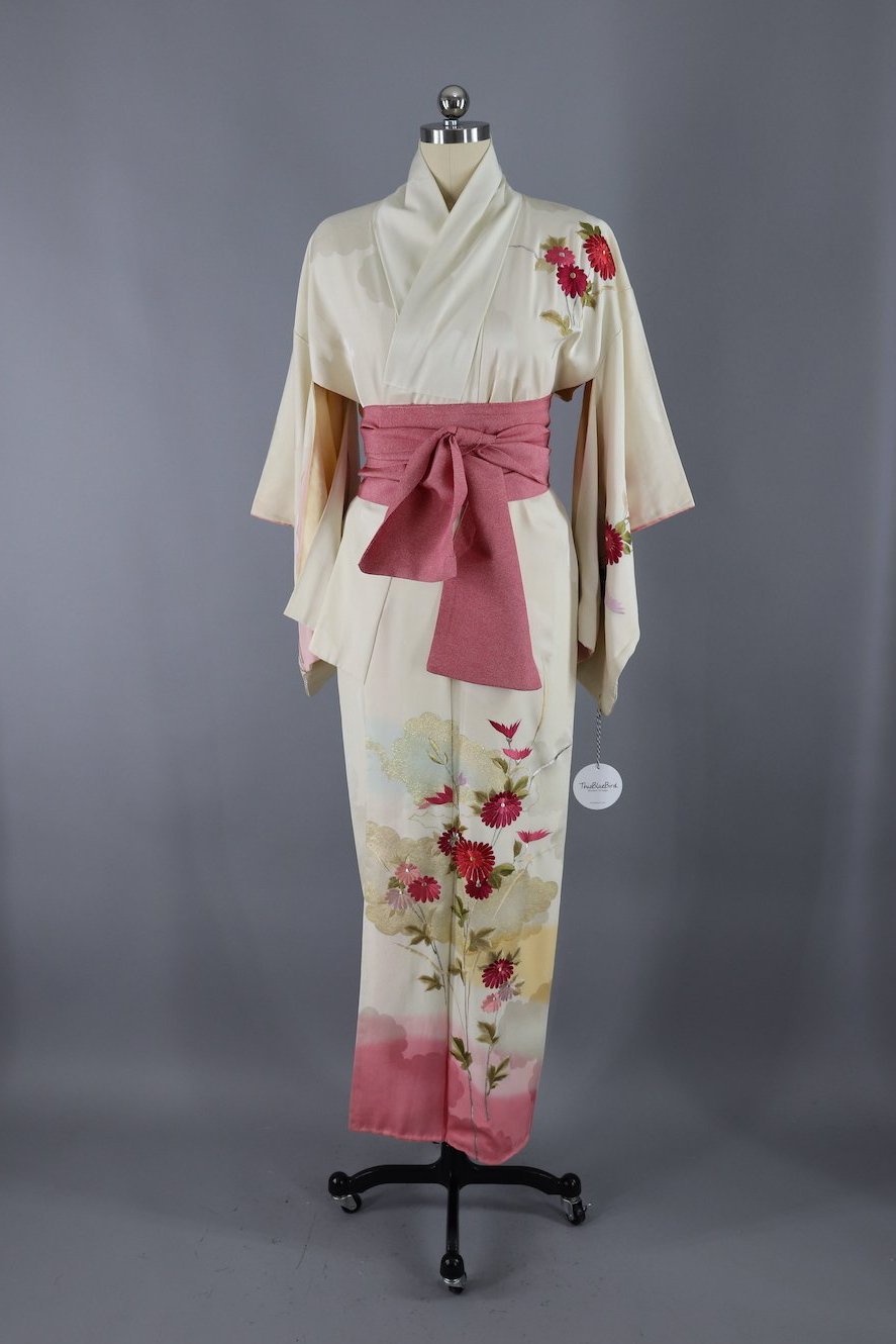 Vintage Silk Kimono Robe / Ivory and Bright Pink Embroidered Floral-ThisBlueBird - Modern Vintage