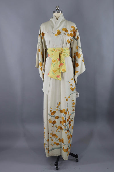 Vintage Silk Kimono Robe / Ivory and Mustard Yellow Floral Branches - ThisBlueBird