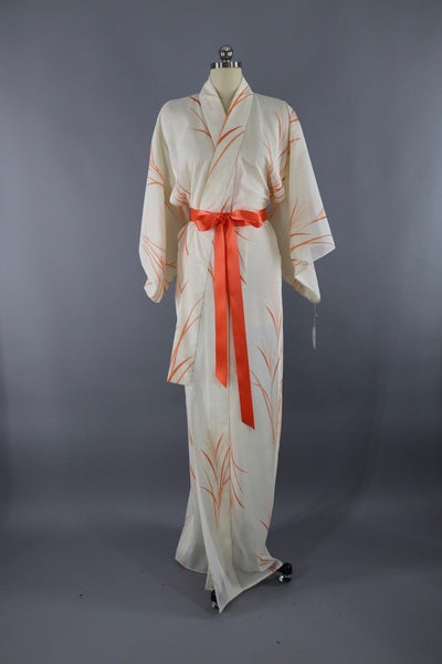 Vintage Silk Kimono Robe - Ivory and Orange Floral Print - ThisBlueBird