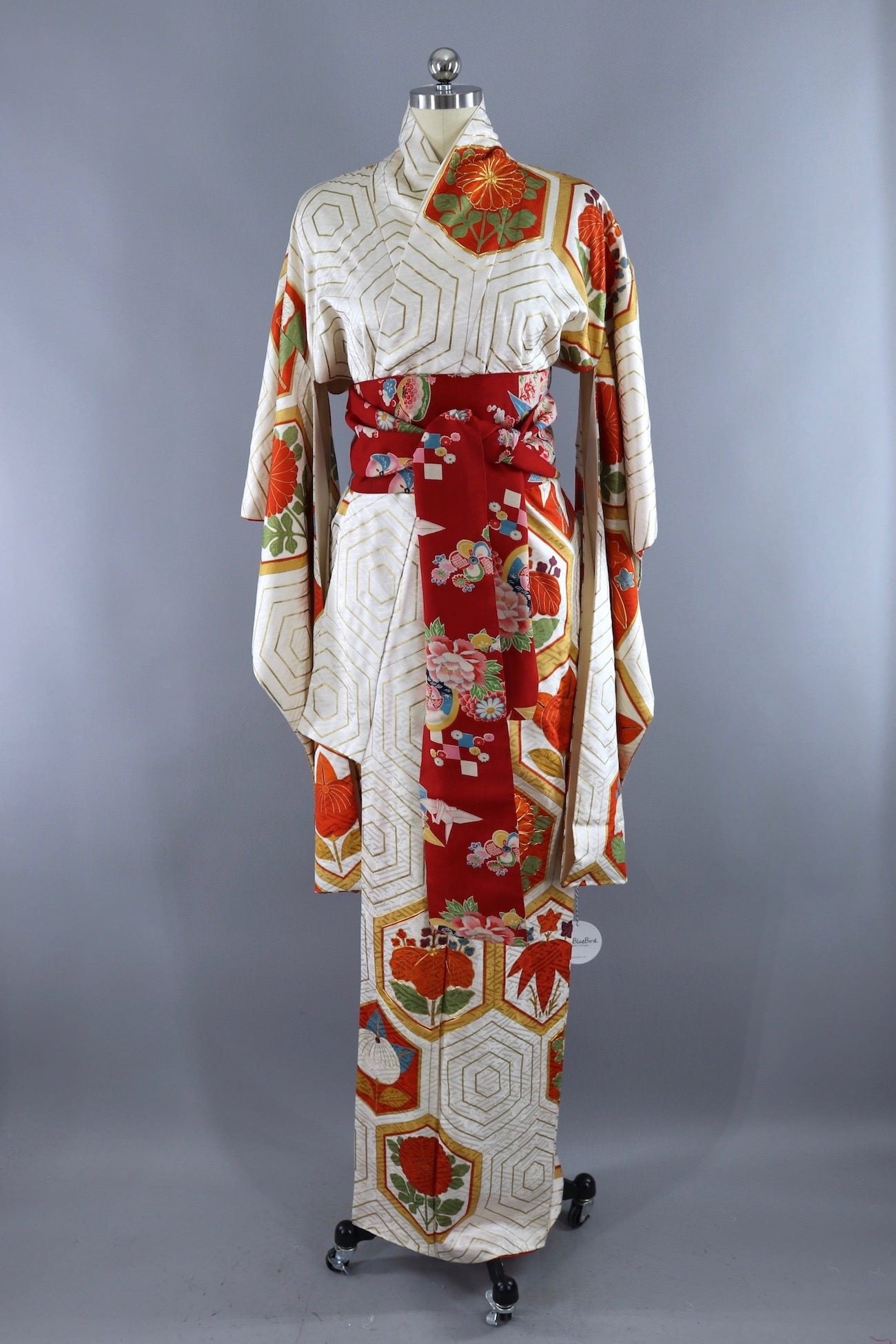 Vintage Silk Kimono Robe / Ivory and Orange Furisode - ThisBlueBird