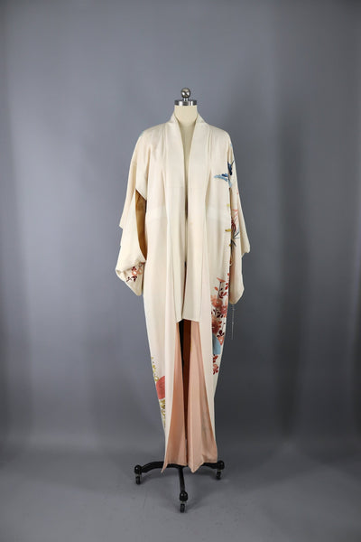 Vintage Silk Kimono Robe / Ivory and Pink Fans - ThisBlueBird