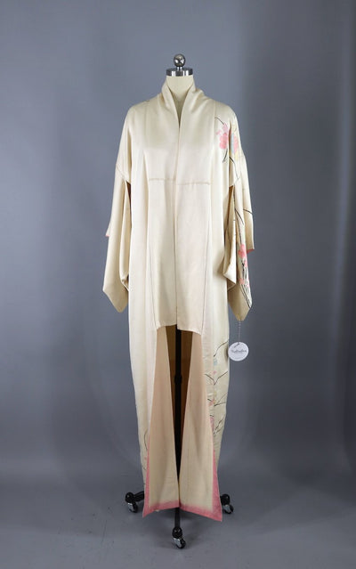 Vintage Silk Kimono Robe / Ivory and Pink Peony Floral Print - ThisBlueBird