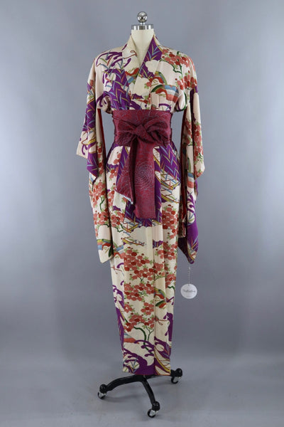 Vintage Silk Kimono Robe / Ivory and Purple Floral - ThisBlueBird