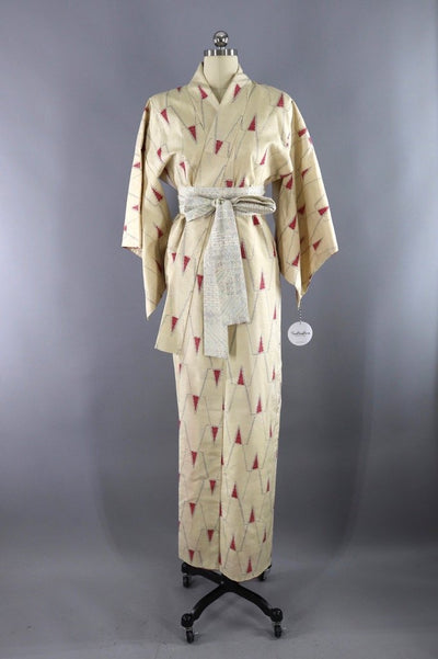 Vintage Silk Kimono Robe / Ivory and Red Ikat Triangles - ThisBlueBird
