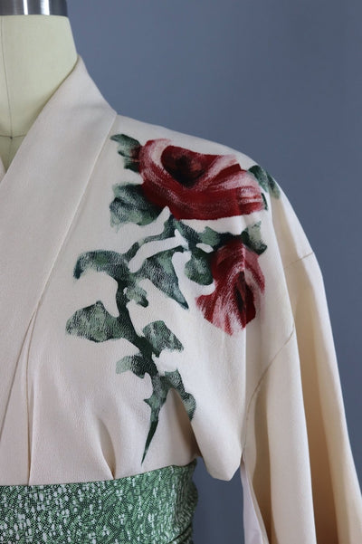 Vintage Silk Kimono Robe / Ivory and Red Roses-ThisBlueBird - Modern Vintage